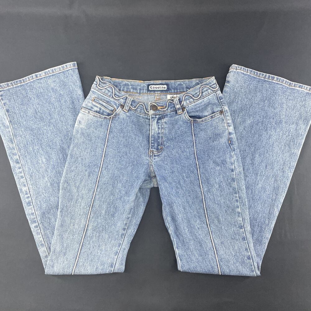 Y2K Vtg Gasoline Brand Womens 3 Flare Boot Leg Denim Jeans Swirl Stitch Festival - Picture 2 of 8